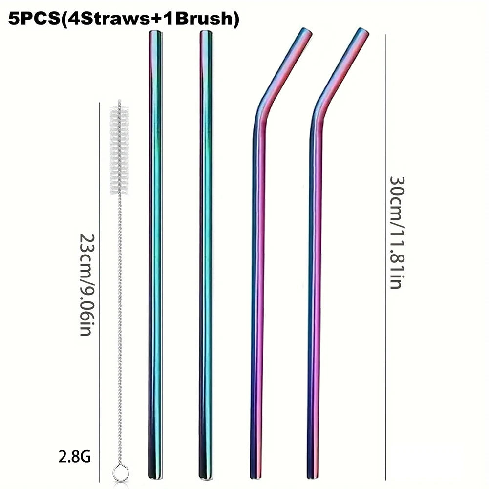 4Pcs 304 Stainless Steel Straw with Straw Cleaner Replacement Long Straight Bent Metal Straw for 40oz Water Cup Accessories