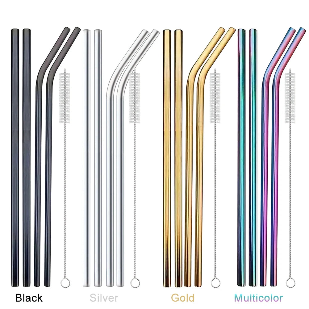 4Pcs 304 Stainless Steel Straw with Straw Cleaner Replacement Long Straight Bent Metal Straw for 40oz Water Cup Accessories