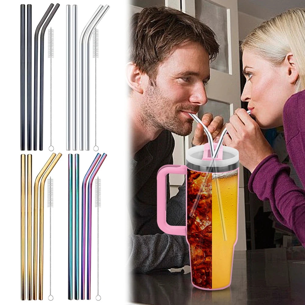 4Pcs 304 Stainless Steel Straw with Straw Cleaner Replacement Long Straight Bent Metal Straw for 40oz Water Cup Accessories